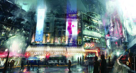 HD PC desktop wallpaper and background: neon, rain-soaked cyberpunk street scene from the video game Adrift, silhouetted figures and glowing billboard reflections.