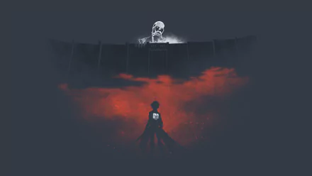 HD desktop wallpaper featuring Eren Yeager from Attack on Titan standing dramatically with the Colossal Titan's silhouette looming behind him, set against a dark, fiery backdrop.