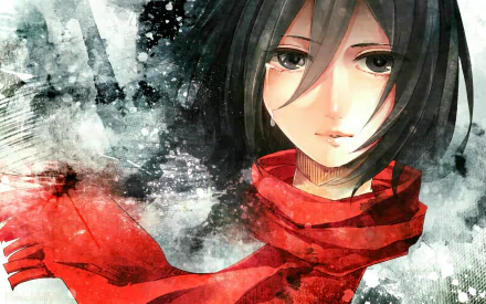 HD desktop wallpaper featuring Mikasa Ackerman from Attack on Titan anime, depicting her with a red scarf and a somber expression against a textured, watercolor-like background.