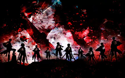 Silhouetted figures of Eren Yeager, Jean Kirstein, Mikasa Ackerman, Sasha Blouse, Ymir, and Armin Arlert stand against a dramatic, colorful backdrop inspired by Attack on Titan anime. HD desktop wallpaper.