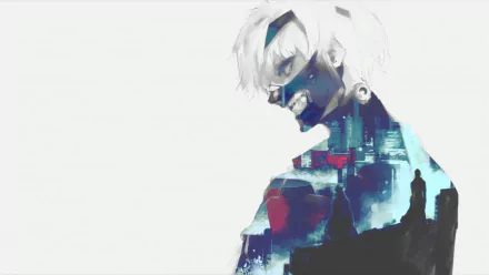 An HD desktop wallpaper featuring Ken Kaneki from Tokyo Ghoul, depicted with an eye patch and an artistic silhouette blending with a cityscape backdrop.