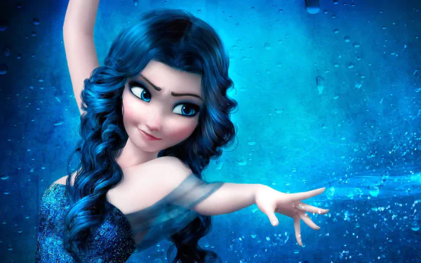 A vibrant HD wallpaper featuring a character from the movie Frozen Fever, showcasing her with flowing blue hair and a sparkling outfit against a cool blue background.
