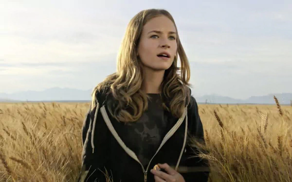Brittany Robertson stands in a golden field, embodying a moment from the movie Tomorrowland. The image captures a sense of adventure and curiosity against a scenic backdrop.