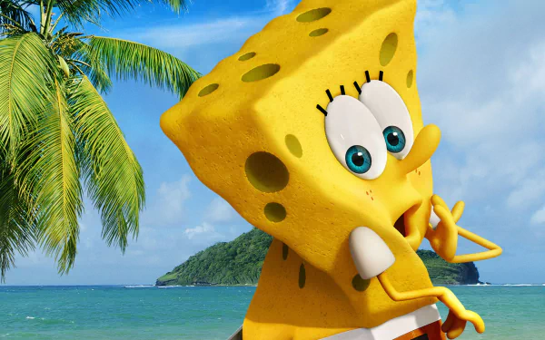 HD PC desktop wallpaper and background of SpongeBob SquarePants from The SpongeBob Movie: Sponge Out of Water, looking surprised on a sunny tropical beach with a palm tree and ocean behind him.
