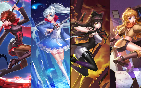 An HD desktop wallpaper featuring the characters Yang Xiao Long, Blake Belladonna, Weiss Schnee, and Ruby Rose from the anime RWBY, showcasing vibrant action poses and distinct styles.