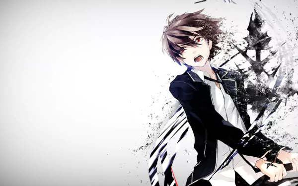 HD wallpaper featuring Shu Ouma from the anime Guilty Crown, showcasing an action-packed pose with dynamic, stylized artwork. A striking background enhances the character's energy.