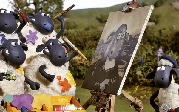 HD PC desktop wallpaper from Shaun the Sheep Movie featuring sheep characters painting a portrait in a pastoral outdoor setting.