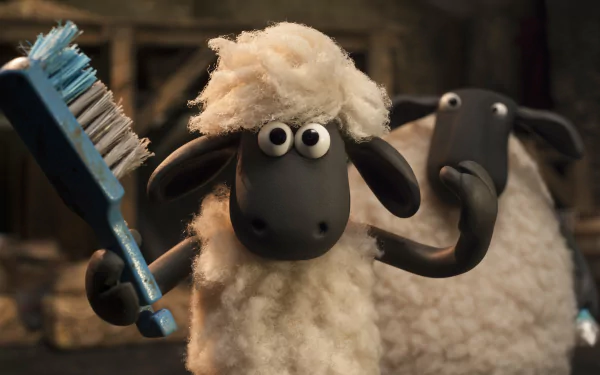 Shaun the Sheep (from the Shaun the Sheep Movie) holds a blue brush, fluffy and wide-eyed; 4K Ultra HD PC desktop wallpaper/background.