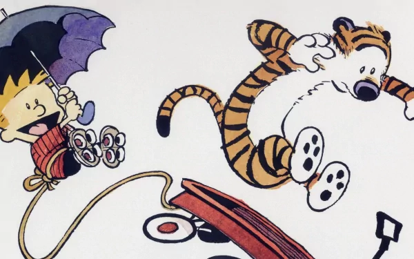 Calvin and Hobbes playfully interact in this colorful comic scene, featuring Calvin with an umbrella and Hobbes jumping excitedly, creating a whimsical backdrop for your desktop.