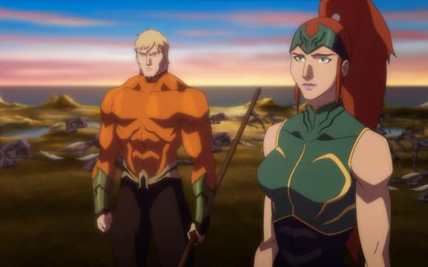 HD desktop wallpaper featuring Aquaman and Mera from the DC Comics movie Justice League: Throne of Atlantis, set against a colorful coastal backdrop.