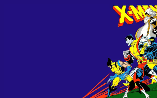 HD desktop wallpaper featuring Marvel's X-Men characters Cyclops, Colossus, Nightcrawler, Storm, and Wolverine against a blue background with the X-Men logo.