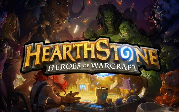 HD PC desktop wallpaper featuring the logo and characters of the video game Hearthstone: Heroes of Warcraft in a dark, fantasy-themed setting.