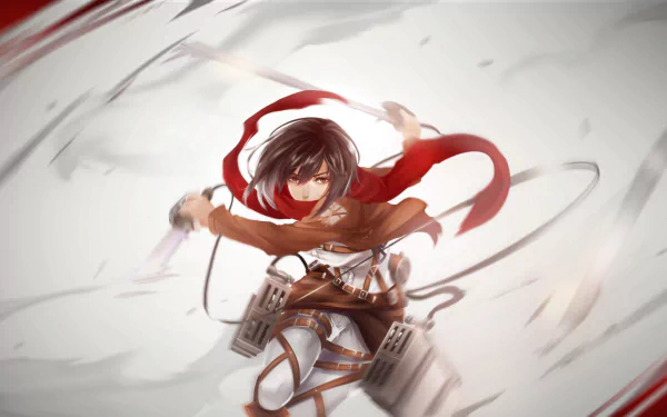 HD desktop wallpaper featuring Mikasa Ackerman from the anime Attack on Titan in action, wielding her blades and wearing her Survey Corps gear.
