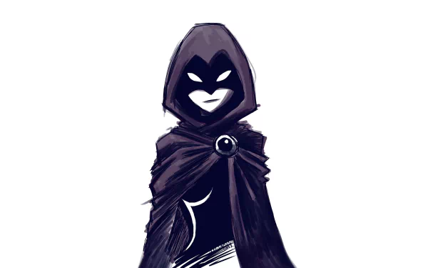 An HD desktop wallpaper featuring Raven from DC Comics, depicted in her iconic dark cloak with a mysterious expression, showcasing her unique comic style.
