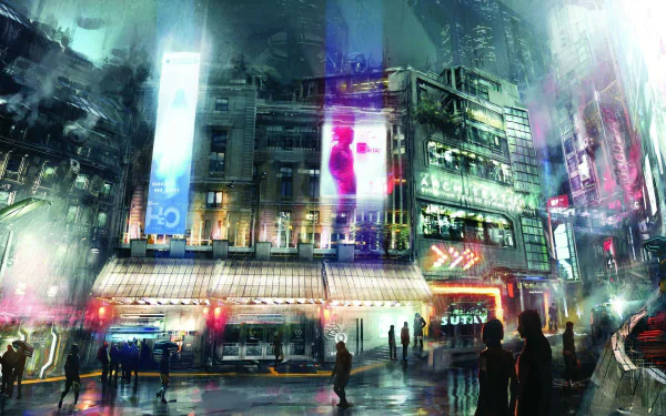 HD PC desktop wallpaper and background: neon, rain-soaked cyberpunk street scene from the video game Adrift, silhouetted figures and glowing billboard reflections.