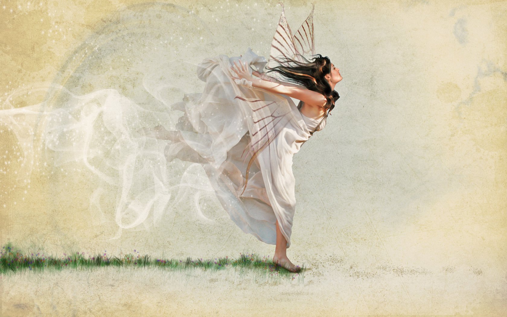 A woman with delicate wings dances gracefully in a flowing white dress against a soft, artistic background. An enchanting HD wallpaper capturing a sense of freedom and beauty.