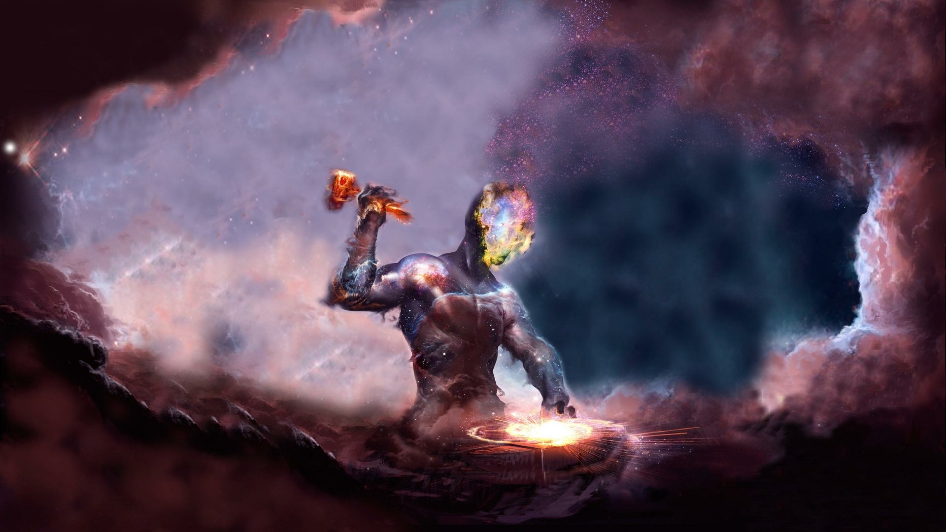 A cosmic figure holds a hammer, forging in the depths of space, surrounded by vibrant nebulae and starry backgrounds, creating a striking sci-fi scene for a desktop wallpaper.