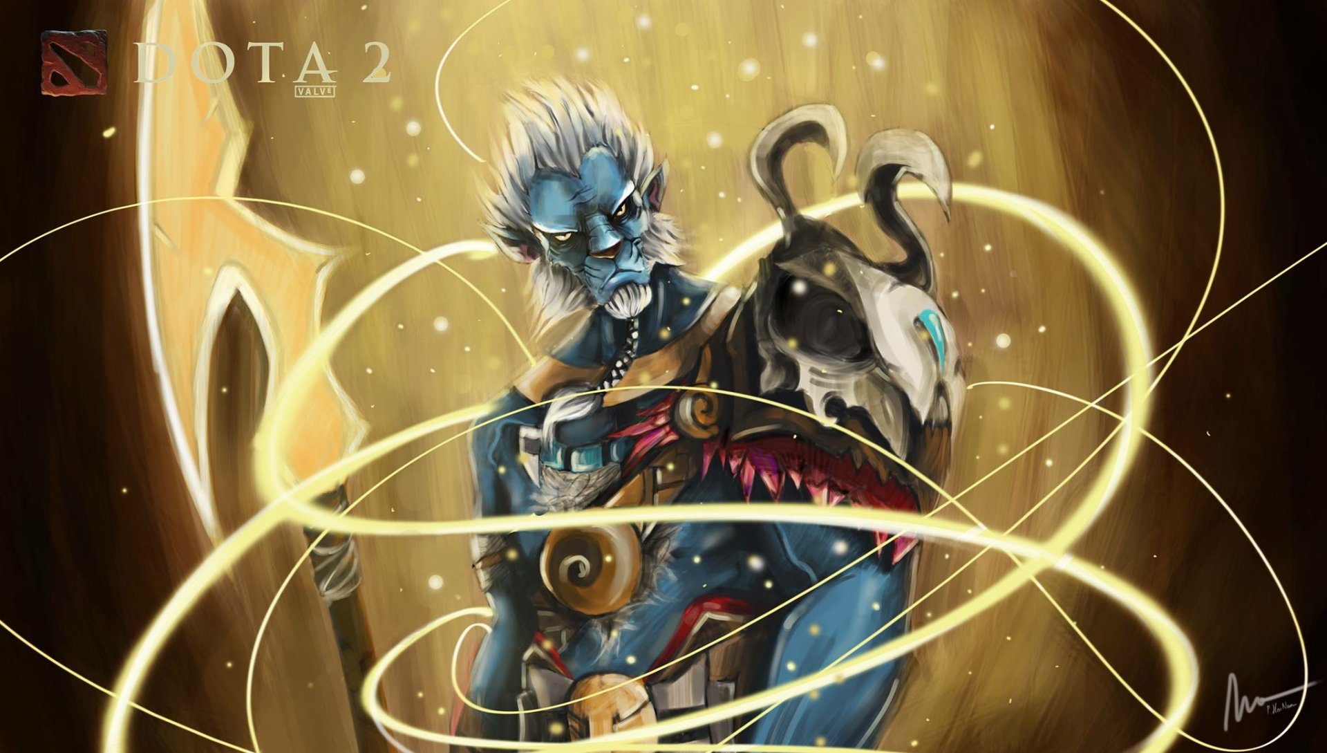 An HD PC desktop wallpaper featuring a character from DotA 2, showcasing vibrant colors and swirling energy effects, capturing the essence of the video game.