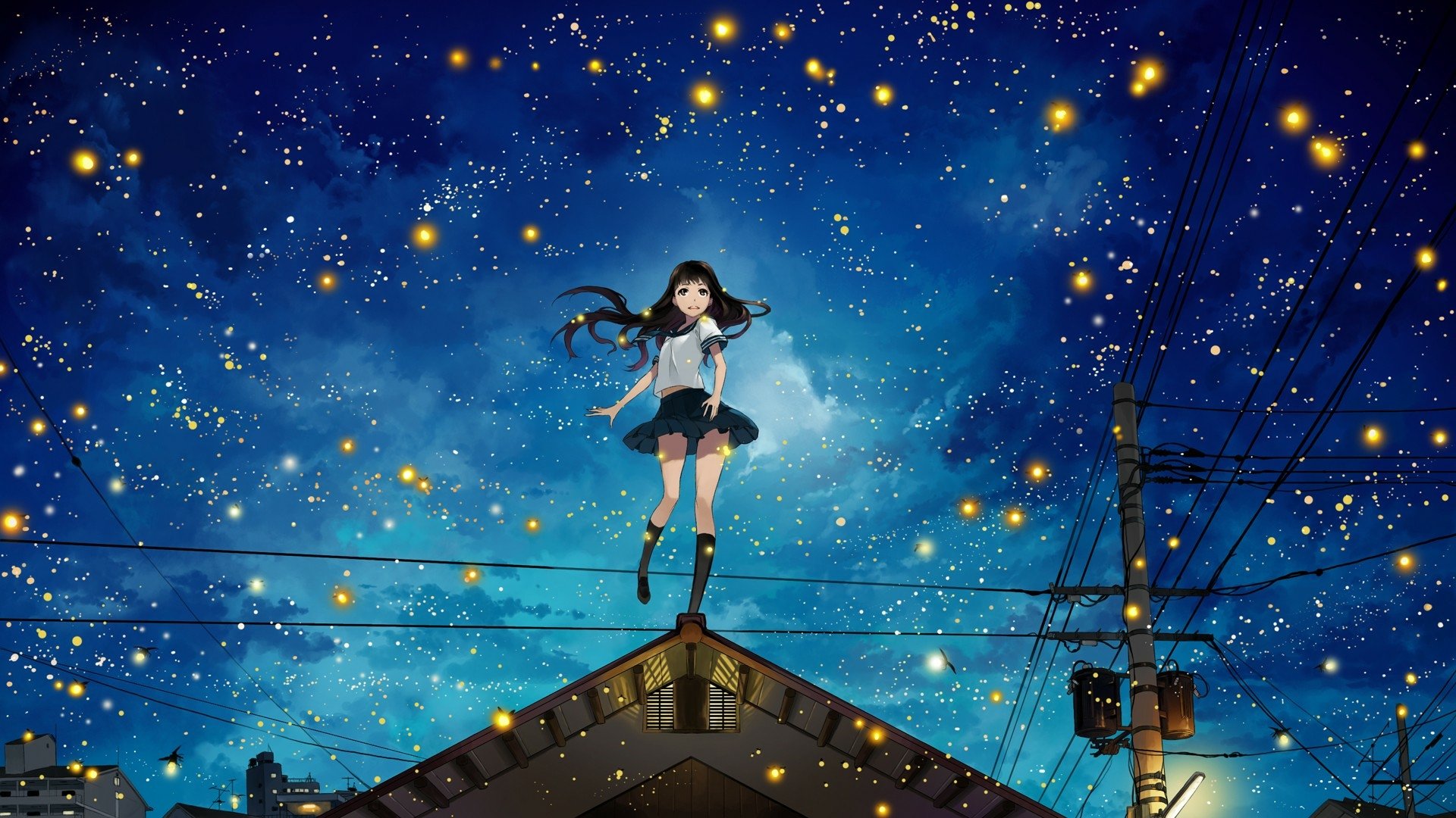 Anime original HD PC desktop wallpaper featuring a girl standing on a rooftop under a star-filled night sky with glowing lights and power lines.