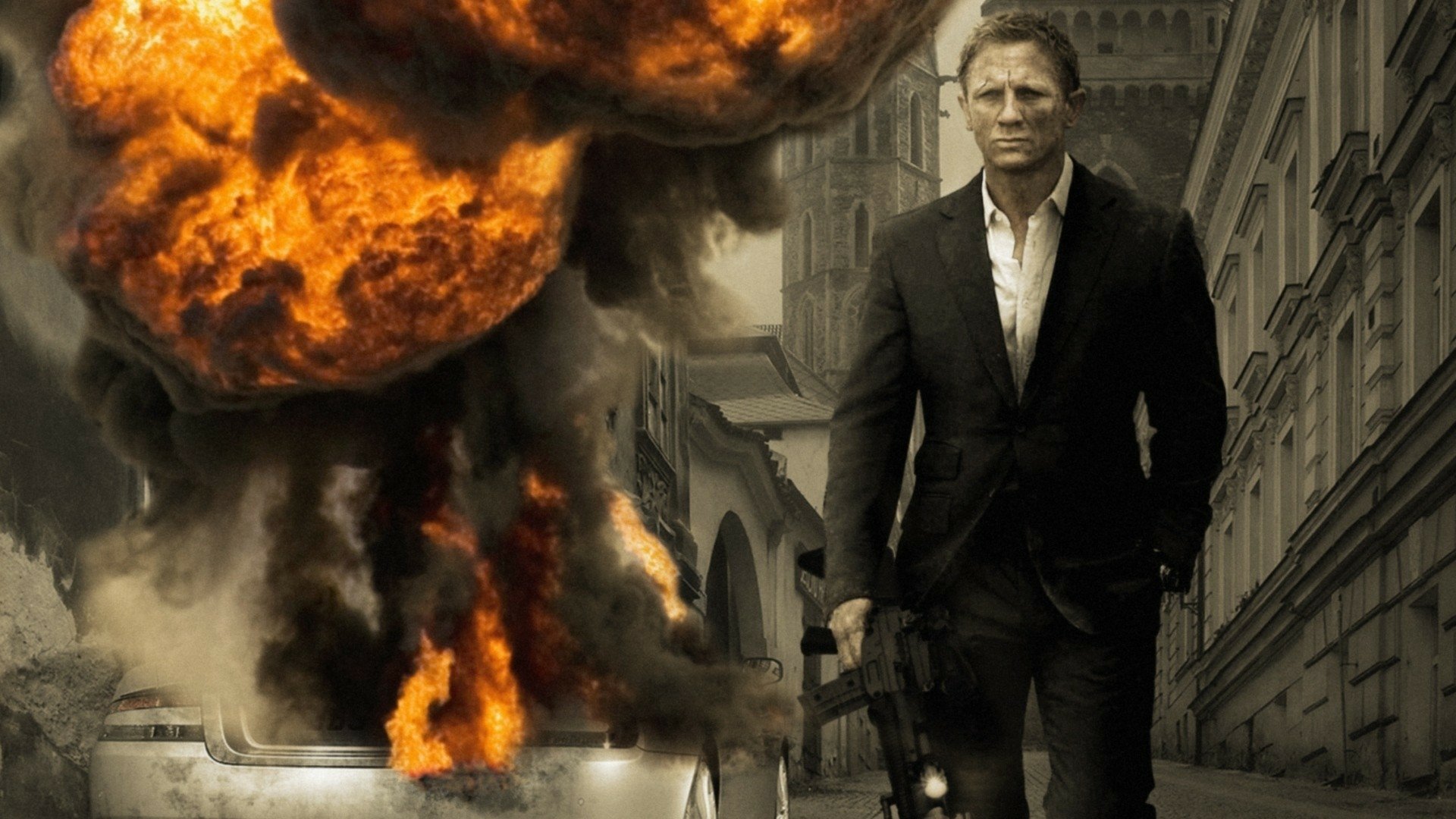 HD desktop wallpaper of Daniel Craig as James Bond walking confidently with a fiery explosion behind him, inspired by the movie Quantum of Solace.