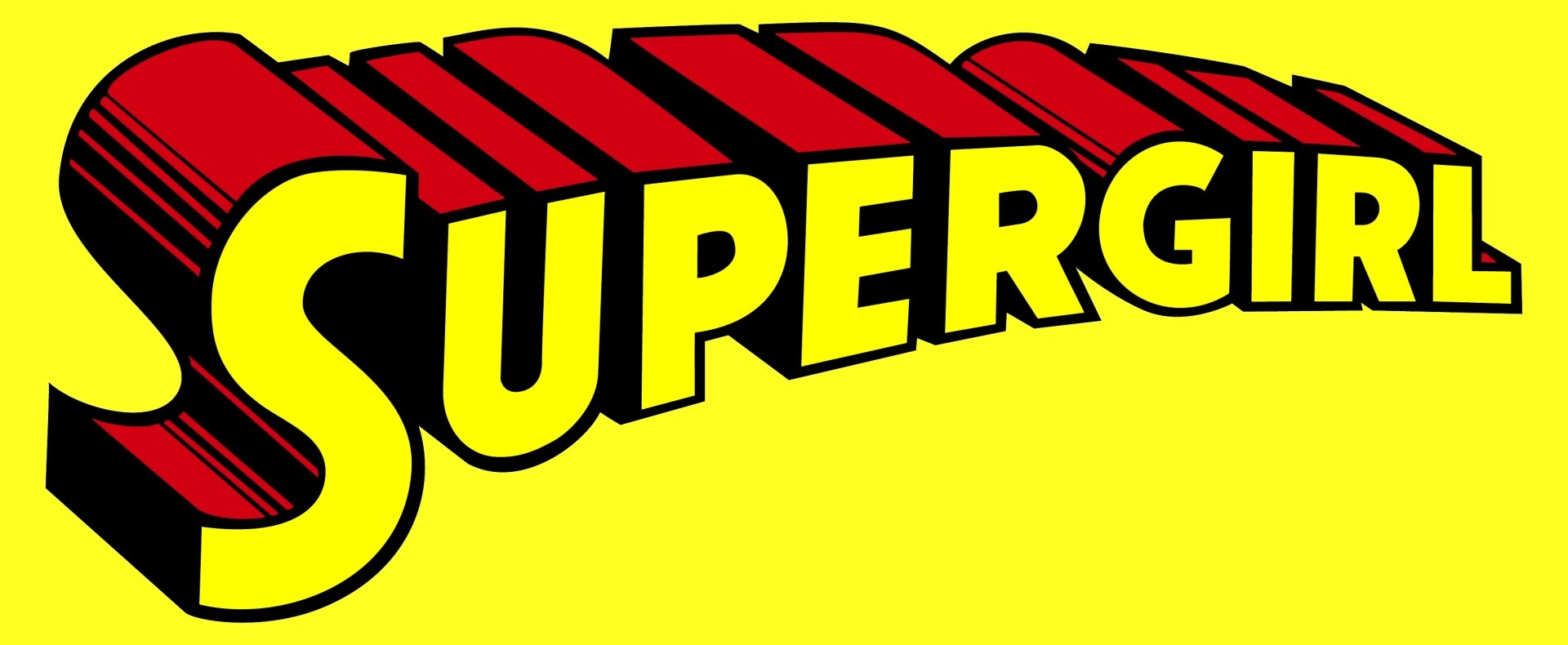 HD PC desktop wallpaper featuring bold, comic-style lettering of SUPERGIRL in red and yellow, capturing the dynamic essence of the iconic superhero.