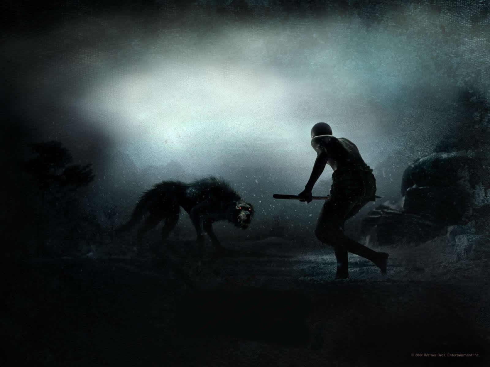 A Spartan warrior confronts a fierce wolf in a snowy, atmospheric scene, inspired by the movie 300, creating a dramatic HD desktop wallpaper.