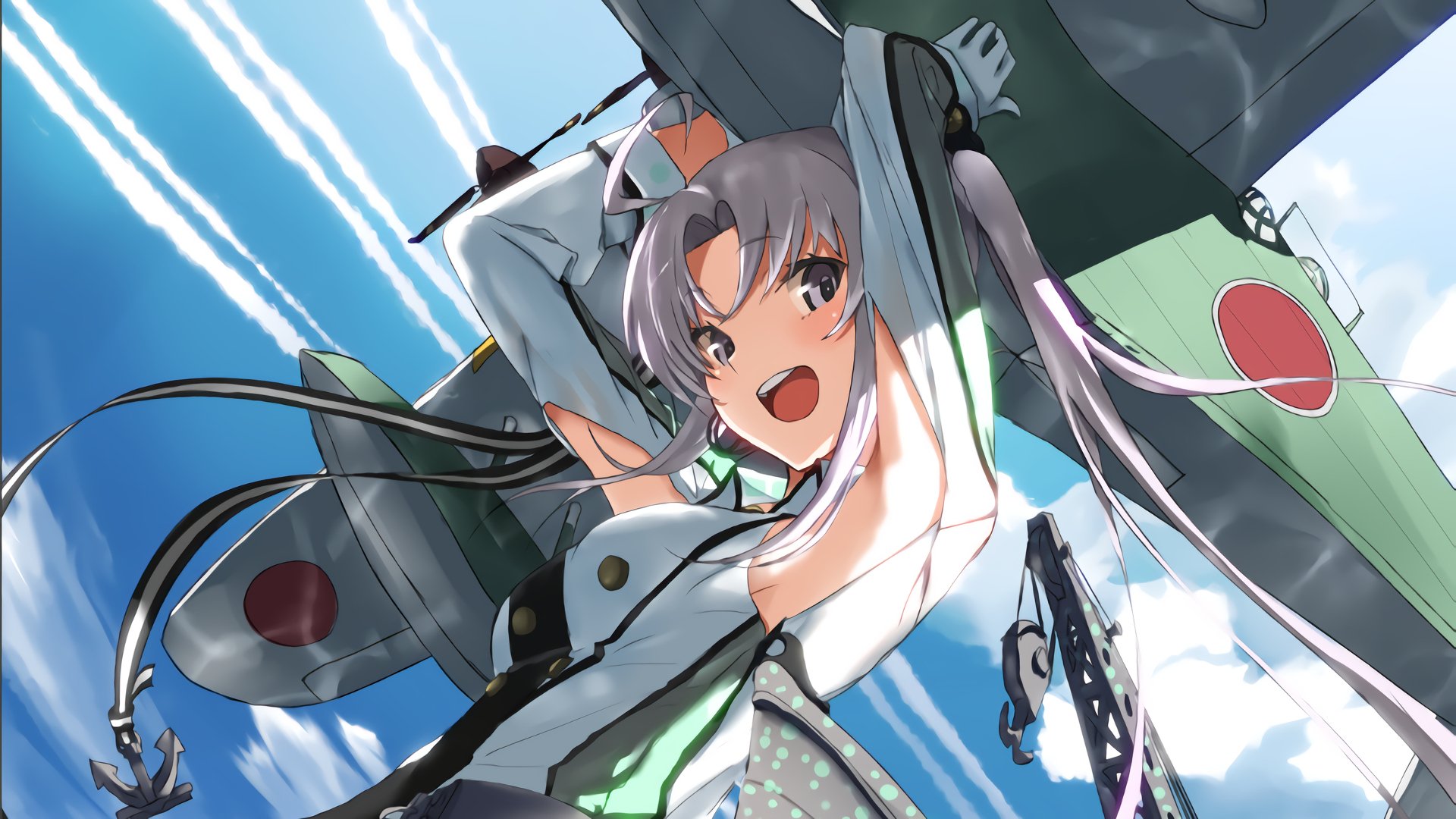 Anime-inspired HD wallpaper from Kantai Collection featuring a character joyfully interacting with a vintage aircraft against a vibrant blue sky.