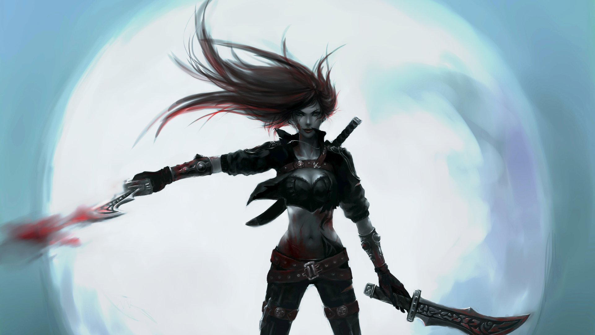 HD desktop wallpaper featuring Katarina from League of Legends standing with blades drawn against a large full moon backdrop, capturing a dark, intense video game atmosphere.