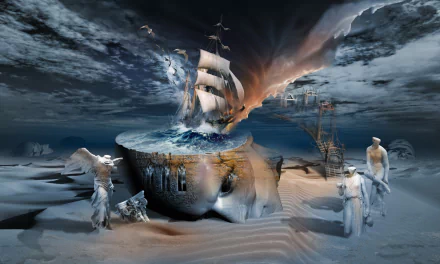 A surrealistic HD wallpaper featuring a dreamlike landscape with a ship emerging from a swirling sea, surrounded by ethereal figures and dramatic clouds, showcasing photography manipulation.