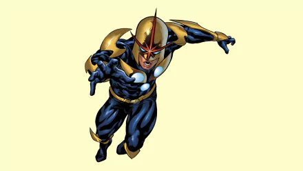 A dynamic HD wallpaper featuring Nova from Marvel Comics, showcasing the superhero in a powerful pose against a yellow background, ready for action.