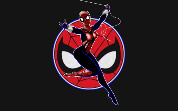 HD PC desktop wallpaper featuring Spider-Girl in a dynamic pose against a red and black Spider-Man mask background, highlighting a comic-inspired design.