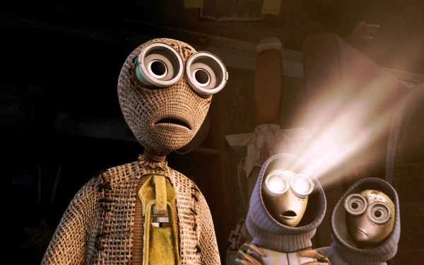 HD PC desktop wallpaper from the movie 9 featuring three stitched, doll-like characters illuminated by a beam of light in a dark environment.