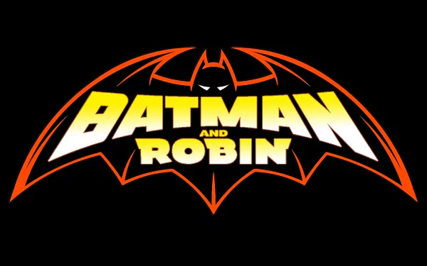 HD desktop wallpaper featuring the Batman and Robin logo in bold yellow letters over a stylized black and orange bat symbol, representing the iconic DC Comics duo.