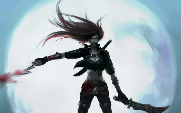 HD desktop wallpaper featuring Katarina from League of Legends standing with blades drawn against a large full moon backdrop, capturing a dark, intense video game atmosphere.