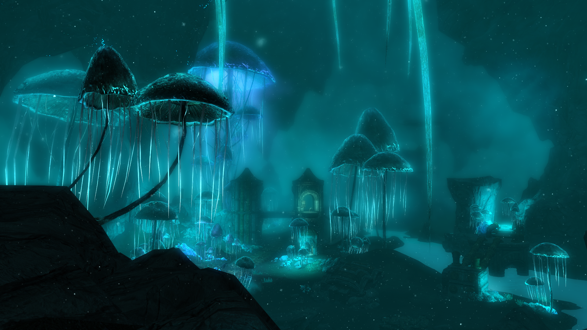 A tranquil underwater scene from The Elder Scrolls V: Skyrim, featuring glowing jellyfish and mystical structures, illustrated in vibrant blue tones for a captivating HD desktop wallpaper.