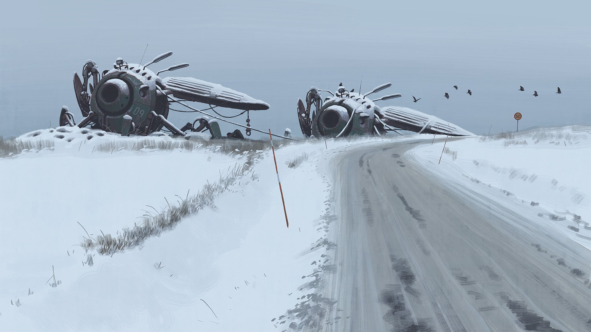 HD PC desktop wallpaper featuring a sci-fi landscape with two large insect-like mechanical structures in a snowy, desolate environment beside a winding road.