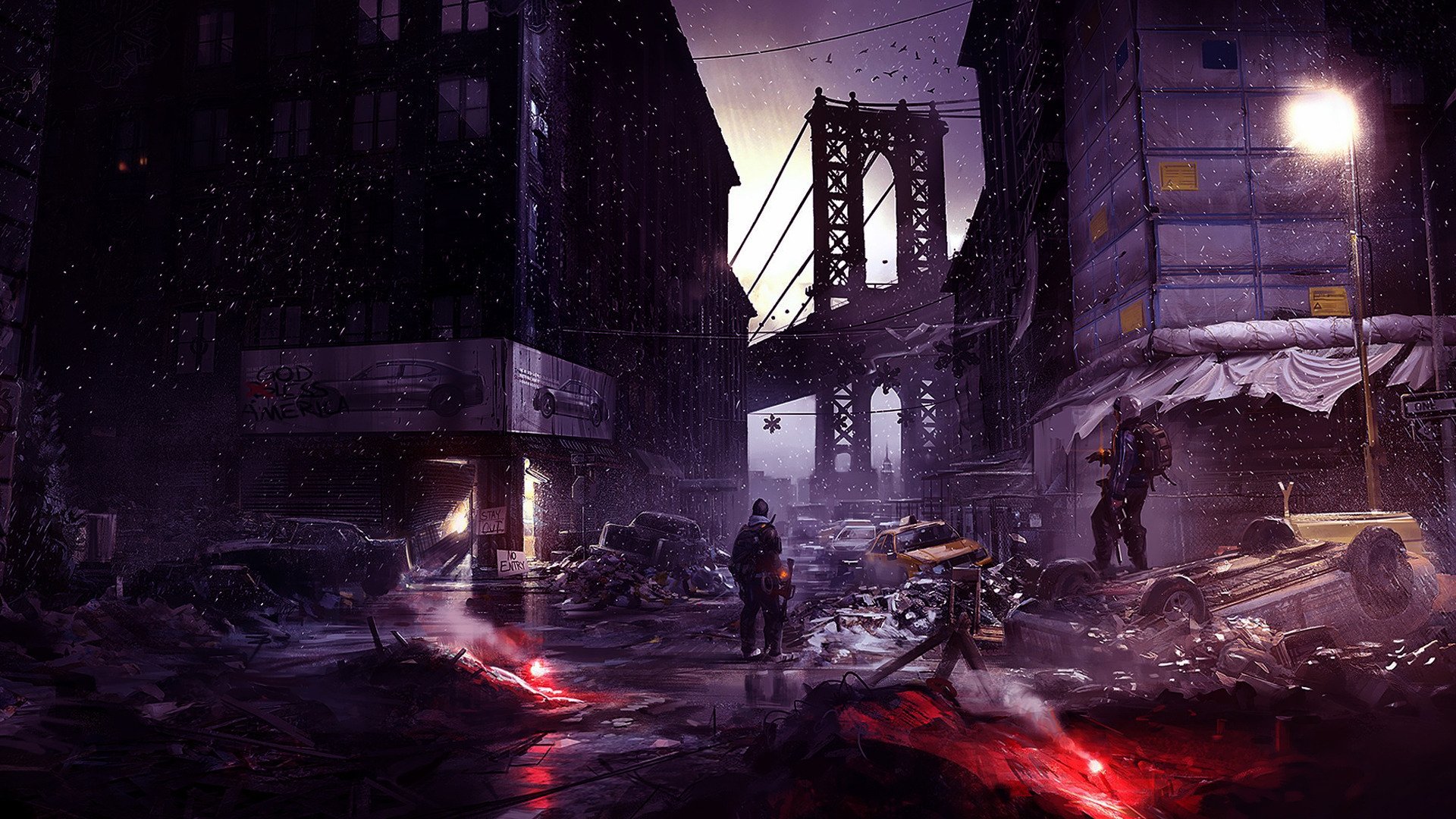 HD wallpaper showcasing a post-apocalyptic cityscape from Tom Clancy's The Division, featuring a gritty atmosphere with a bridge and scattered debris under a moody sky.