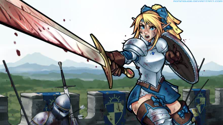 HD fantasy PC desktop wallpaper featuring a fierce woman warrior in shining armor wielding a bloodstained sword, ready for battle atop a castle wall.