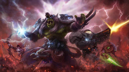 A dynamic HD desktop wallpaper from Heroes of the Storm, featuring powerful characters, dramatic lightning, and intense action, showcasing the game's vibrant fantasy visuals.