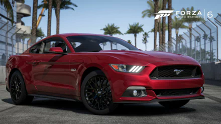 HD PC desktop wallpaper featuring a red Mustang car from the video game Forza Motorsport 6, set against a sunny track backdrop with palm trees.