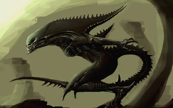 A detailed sci-fi alien creature with a sleek, biomechanical design set against a muted background, featured in 4K Ultra HD PC desktop wallpaper quality.