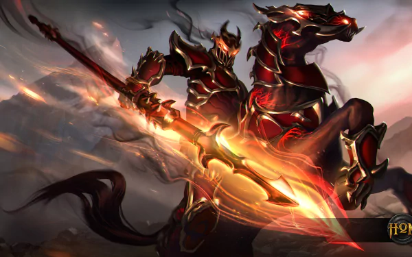 HD PC desktop wallpaper featuring a fiery armored warrior on a dark steed, brandishing a glowing lance from the video game Heroes of Newerth.