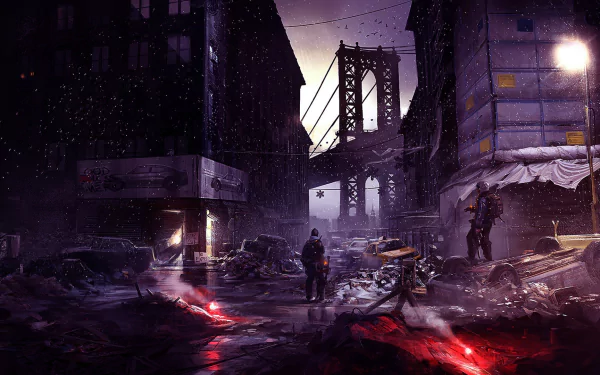 HD wallpaper showcasing a post-apocalyptic cityscape from Tom Clancy's The Division, featuring a gritty atmosphere with a bridge and scattered debris under a moody sky.