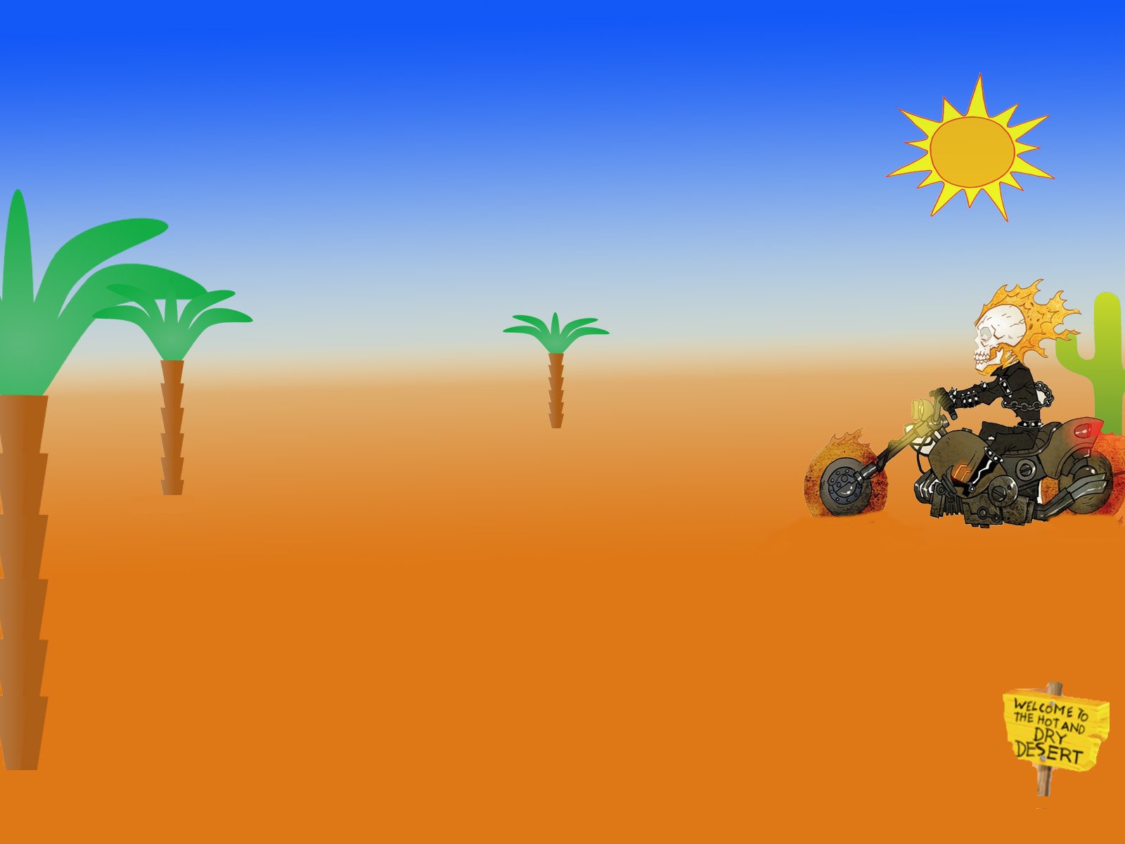 HD PC desktop wallpaper featuring a comic-style Ghost Rider riding a fiery motorcycle across a desert landscape with palm trees under a bright sun.