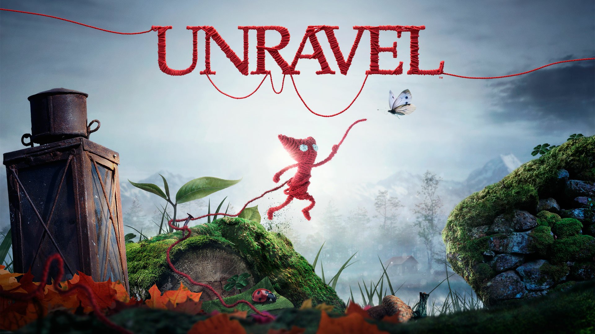 HD PC desktop wallpaper for the video game Unravel: red yarn character Yarny leaps between mossy rocks toward a butterfly under a misty sky.