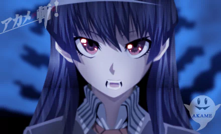 A striking HD desktop wallpaper featuring Akame from Akame Ga Kill!, showcasing her fierce expression against a dramatic blue background.