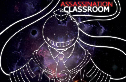 HD wallpaper featuring Koro-sensei from the anime Assassination Classroom, set against a cosmic background, blending vibrant colors and a whimsical character design.