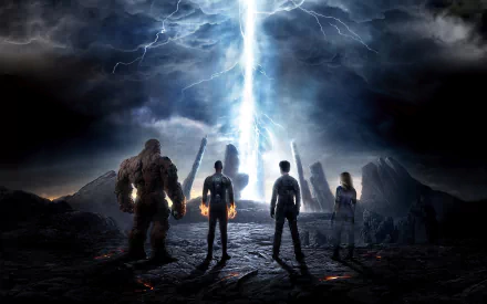 HD desktop wallpaper of Marvel's Fantastic Four (2015), featuring Human Torch, Invisible Woman, Mister Fantastic, and Thing standing against a dramatic, lightning-filled backdrop.