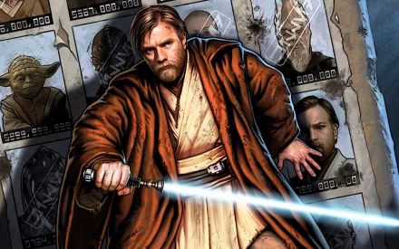HD desktop wallpaper featuring Obi-Wan Kenobi with a lightsaber, in a Star Wars and Days of Future Past cover parody design. Background includes portraits of Yoda, Aayla Secura, and Ki-Adi-Mundi.