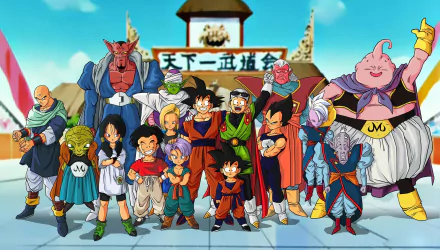 HD desktop wallpaper featuring a group of Dragon Ball Z characters standing confidently together with a vibrant background of a dojo and blue sky.